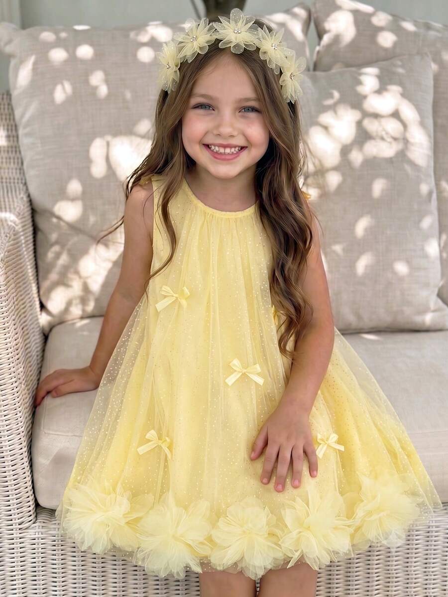SHEIN Elladie kids 小女孩蝴蝶結裝飾圓領網紗拼接派對7歲生日禮服 黃色 夏季秋季