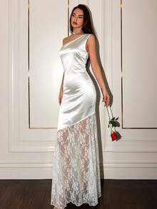 SHEIN Glamour 黑色緞面蕾絲掛脖露背長洋裝，女款不對稱晚禮服 - 黑色 - 查看 4