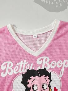 Betty Boop x SHEIN Plus Size Women's Letter Cartoon Print V-Neck Drop Shoulder Casual T-Shirt - Pink - View 4