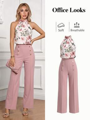 Ellevyn Conjunto de 2 piezas de top halter y pantalones con estampado floral elegante para mujer