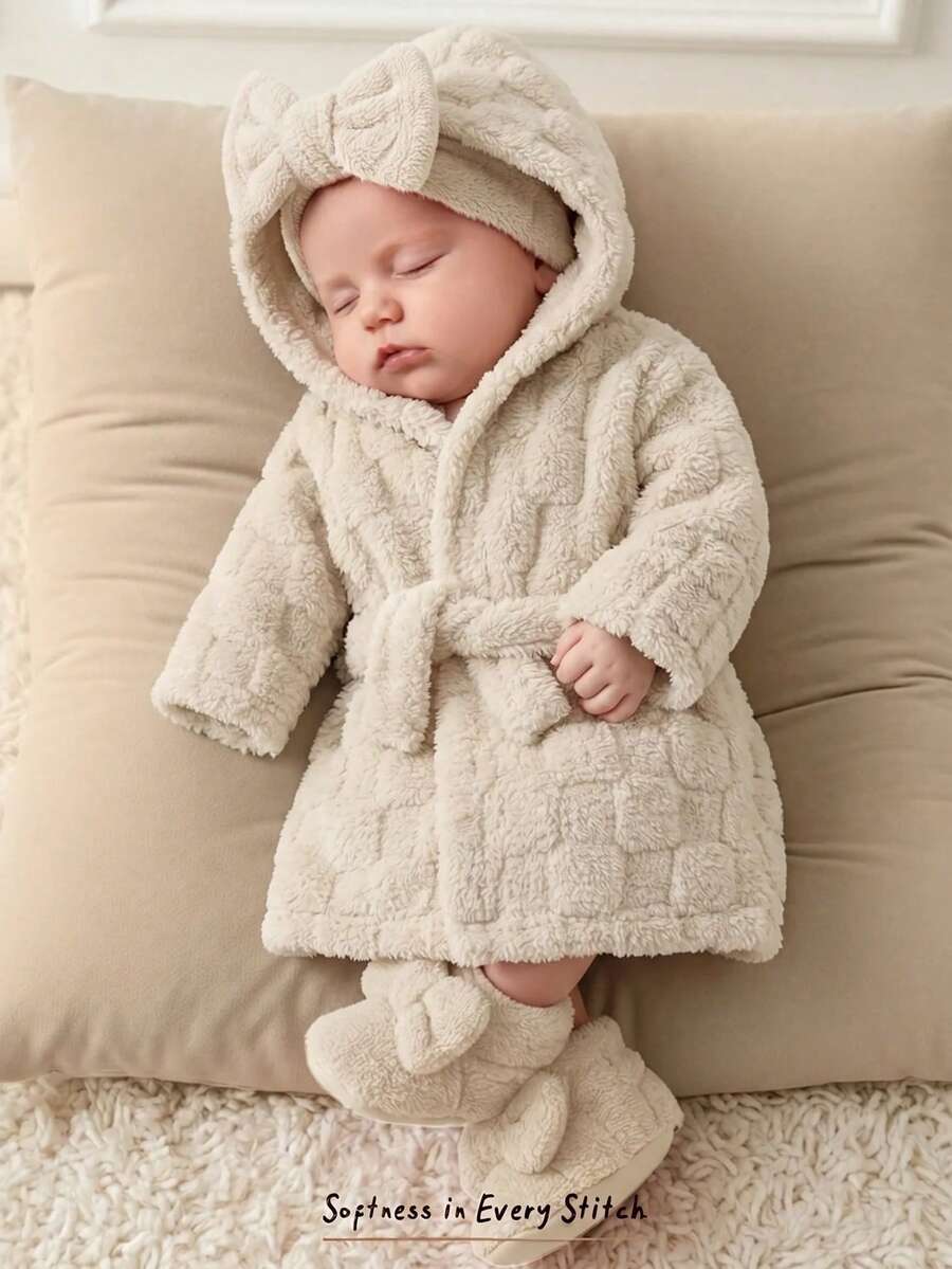 Cozy Pixies 新生兒男嬰女嬰保暖內裡加厚連帽長袖綁帶式睡袍 秋冬款 - 米色 - 查看 1