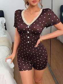 Napfluff Heart Print Colorblock Lace Trim V-Neck Half-Button Front Slim Fit High Elastic Knit Women's One-Piece Pajamas - Brown - View 4