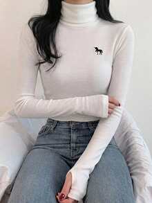 DAZY 女款高領刺繡修身內搭T恤 - 白色 - 查看 1