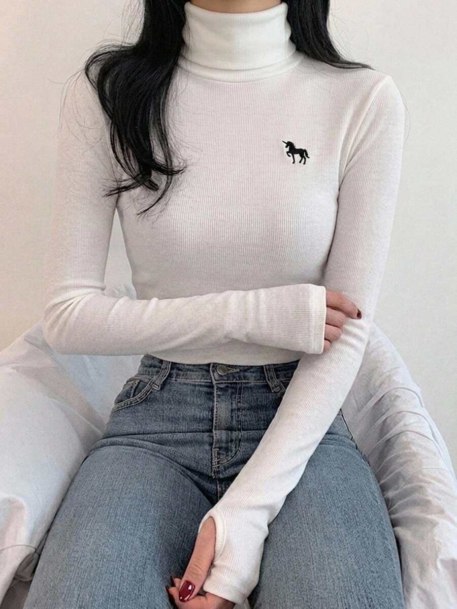 DAZY 女款高領刺繡修身內搭T恤 - 白色 - 查看 1