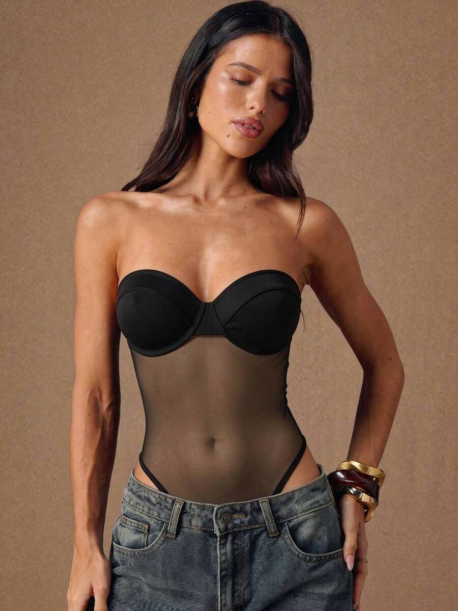 SHEIN BAE 春夏黑色性感極簡基礎款女式抹胸束腰上衣/基礎款/夏季/春假/海灘/外出上衣/2000年代風格/黑色上衣/夏季上衣/緊身束腰/黑色緊身束腰/夜店上衣/透視性感束腰 - 中紫紅色 - 查看 1