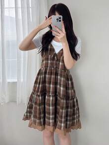 FRIFUL 女士格子吊带拼接刺绣棉布前蝴蝶结装饰休闲宽松百搭背心，秋冬夏季款 - 棕色 - 查看 3