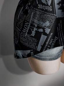 SHEIN ICON 女款大尺碼復古70年代Grunge千禧風Y2K休閒街頭露肩拼接報紙圖案黑白寬鬆T恤夏季 - 彩色 - 查看 8