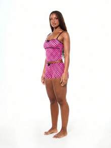 SUMWON WOMEN Polka Dot Cami And Shorts Sleep Set With Bow Detail Satin Finish Cozy Loungewear Pajama Set - Pink - View 6