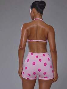 Musera Sport 熱帶花卉印花挖肩掛脖式抓皺胸部運動內衣，搭配高腰修身運動褲 - 粉色 - 查看 2