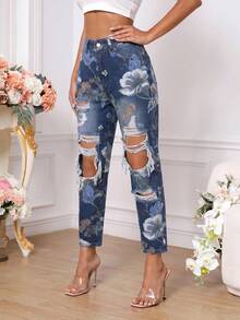 SHEIN PETITE 女款花卉圖案口袋鈕扣做舊設計休閒日常牛仔褲 - 藍色 - 查看 5