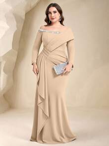 Coutiva Vestido de Noche Formal Plisado con Adornos de Strass Talla Grande (Estilo de Trabajo Pesado) - Albaricoque - Ver 7