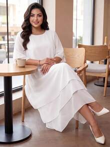 Auveirra Plus Size Women Solid Color Round Neck Casual Elegant Daily Autumn Dress Wedding Formal Tea Party Dinner White Fall - White - View 7