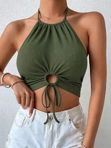 SHEIN Holidaya 女款夏季豹紋鏤空綁帶短版上衣 圖案豹紋 T-shirt 女裝上衣 - 軍綠色 - 查看 4