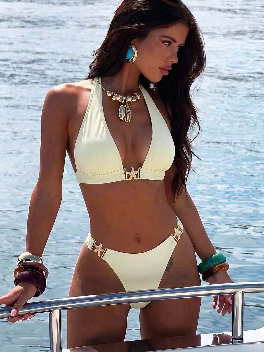 Swim Vcay 新款女款純色比基尼套裝,掛脖綁帶露背海星裝飾高腰三角褲兩件式泳衣,適合海灘度假 - 米色 - 查看 1