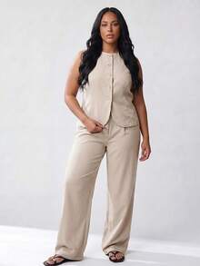 Solavibe Plus Size Women Solid Color Single-Breasted Button Up Shirt Top And Pants Casual Elegant Everyday 2 Pieces Set Dinner Office Formal Grey Summer - Khaki - View 1