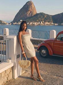 CAJUNI Vacation Casual Lace Patchwork Spaghetti Strap Dress - Khaki - View 3