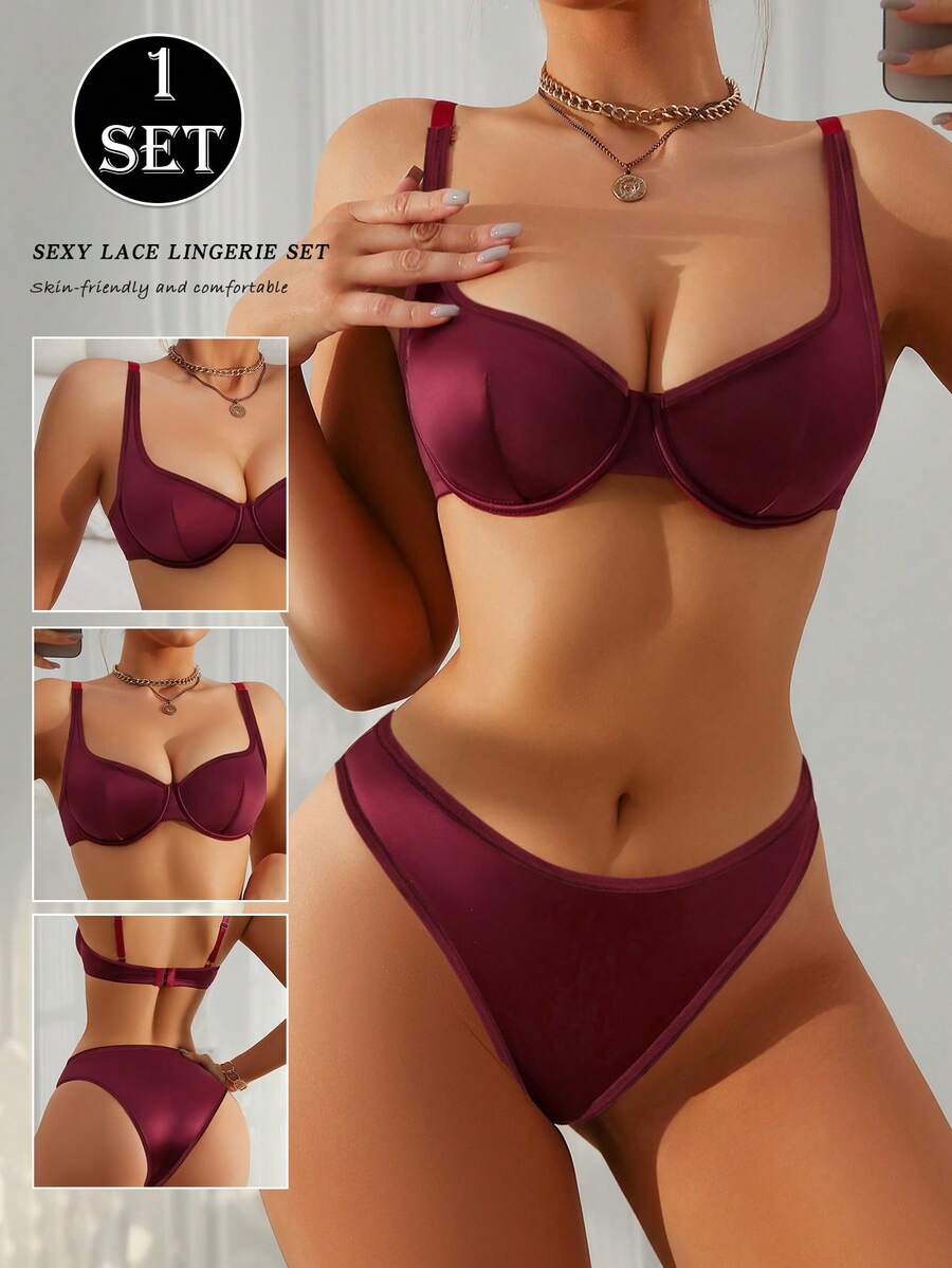 SHEIN 2pcs/Set Women's Simple Solid Color Underwire Bra And Panty Set - Burgundy - View 1