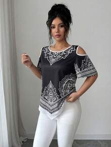 SHEIN Elenzya 優雅度假通勤黑白不對稱下擺女款短袖上衣 女款休閒優雅最新上衣 女款新到貨襯衫 女款新T恤 最新女裝套裝 女士服飾 折扣花紋上衣 日常穿搭露肩上衣 短袖上衣 Zoey套裝 Ytk服飾 女款襯衫 Zante度假套裝 - 黑色 - 查看 3
