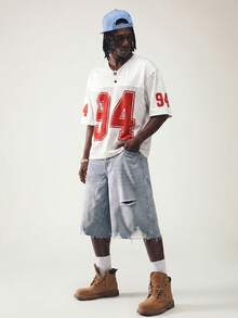 SUMWON 男士寬鬆版足球球衣 T-shirt，94號號碼、網眼拼接、V領短袖街頭風上衣 - 白色 - 查看 3