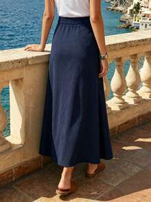 Selamara Plus Size Navy Blue Front Button Slit Midi Skirt For Women, High Waist Draped Flattering A-Line Umbrella Skirt For Commute And Casual Wear Fall - Blue - View 2