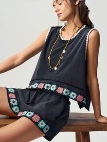 Bohemela Casual Boho Solid Color Knit Loose Washed Tank Top Shorts Women 2 Pieces Set Vacation Dark Grey Summer - Black - View 4