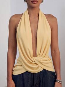 Hauture Asymmetrical Design Deep V-Neck Twisted Halter Top - Yellow - View 4