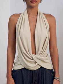 Hauture Asymmetrical Design Sleeveless Halter Top - Apricot - View 4