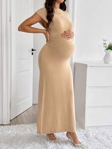 SHEIN Vestido de Suéter Casual de Cor Sólida para Uso Diário, Verão, Outono, Halloween, Casual, Looks para Sair, Outono, Mulheres Grávidas - Castanho - Visão 5