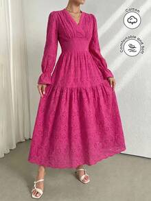 Modelyn Women's Elegant V-Neck Ruffled Sleeve Embroidered Vacation Dress Fall Cloth For Women - Hot Pink - View 4