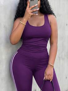 Slaydiva Women's Plus Size 2 Pieces Set: Slim Fit Sleeveless Tank Top With Ruched Waist And Slim Fit 7/8 Length Cycling Pants With Contrast Color Side Tape Splice, Navy Blue Knitted Elastic Fabric - Purple - View 5