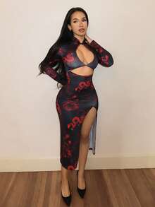 Mistrie Sexy Women's Hollow Front Stand Collar Button Faux Cheongsam High Slit Maxi Dress - Red and Black - View 6