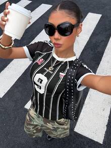 Muchica Women's Street Fashion Digital Black And White Striped Print Colorblock Round Neck Slim Fit T-Shirt School Casual Sports Streetwear Graphic Tee Top - Black - View 4