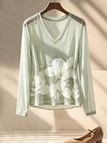 GlowEve Elegant Floral Pattern Printed Long Sleeve Tee For Women, V Neck Casual Top For Everyday Wear - Multicolor - View 4