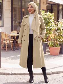 SHEIN Lady CURVE 大码女式卡其色双排扣翻领系带长款风衣，格子布内衬，带口袋，舒适保暖，2025新款，适合秋季、冬季、复古风、外出、秋季、风衣、冬季、秋季、办公室、秋季、优雅、秋季、万圣节服装、老钱风格、秋季、商务休闲、办公室、工作、职业女性、商务休闲、女性办公室着装、办公室服装，适合多种秋季场合 - 卡其色 - 查看 7