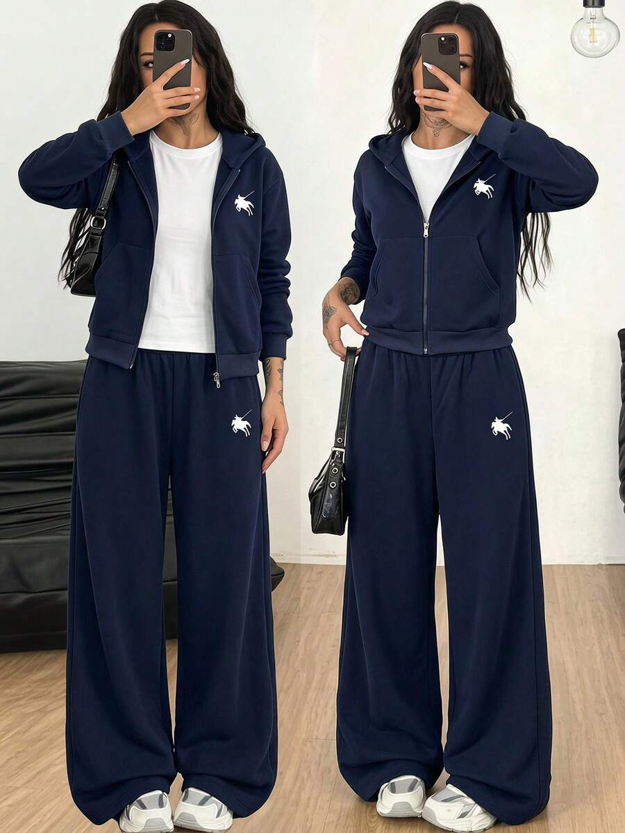 SHEIN 3件組青少年女孩休閒百搭套裝,含保暖內裡拉鍊夾克、圖案印花短袖上衣與保暖內裡喇叭褲,適合秋冬戶外散步、購物、通勤、旅行,可搭配棉襖外套 - 藍色 - 查看 1
