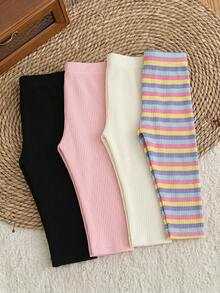 SHEIN Playful Pals 女嬰休閒簡約彩色可愛條紋素色內搭褲 4件組 春/秋 - 彩色 - 查看 4