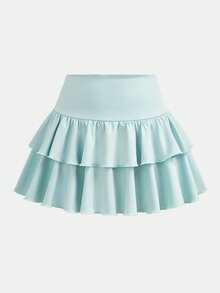 SHEIN Girlism 青少年女孩休閒運動學院風返校穿搭 薄荷綠內建內搭褲雙層荷葉邊蛋糕迷你裙 - 薄荷綠 - 查看 1
