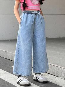 SHEIN Tween女孩淺藍色寬鬆寬腿牛仔褲，秋冬休閒度假Y2K牛仔女郎風，萬聖節返校穿搭 - 藍色 - 查看 5