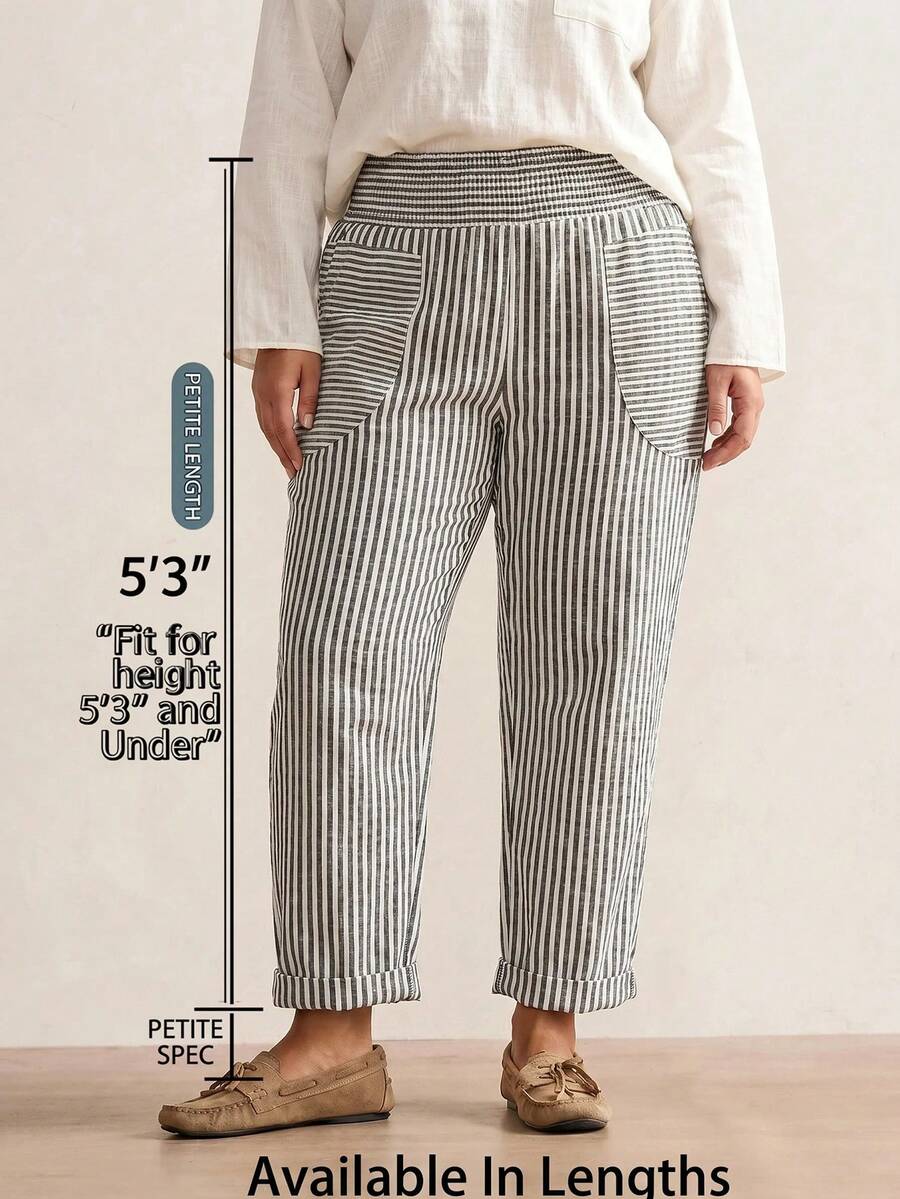 SHEIN PETITE CURVE Plus Size Women's Casual Striped Shirred Waist Long Pants - Black and White - View 1