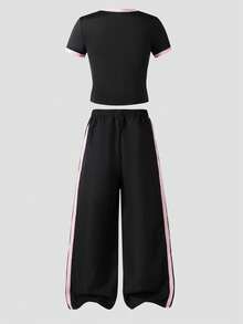 SHEIN Casuvi Kids 2件組青少年短袖上衣與長褲套裝，蝴蝶結緞帶粉色，適合春夏，運動與通勤穿著 - 彩色 - 查看 2