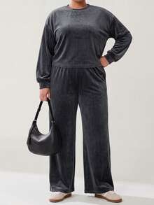Solavibe Plus Size Autumn Casual Simple Traditional Elegant Solid Color Top And Pants 2 Pieces Set Fall Vacation Formal Black - Grey - View 5