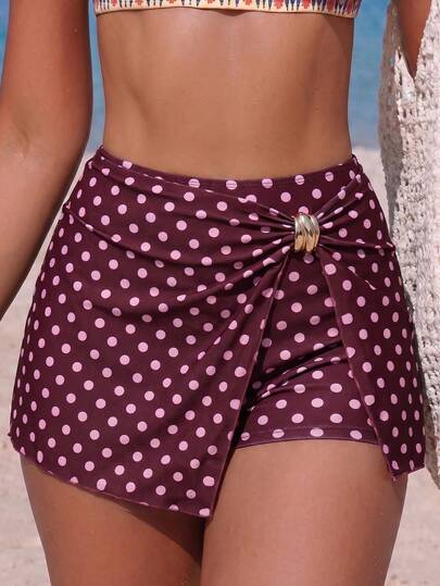 Swim Mod 2026 New Women's Summer Beach Vacation Cute Girl Metal Trim Decorated Polka Dot Print Low Waist Hipster Bikini Bottom With Side Slit