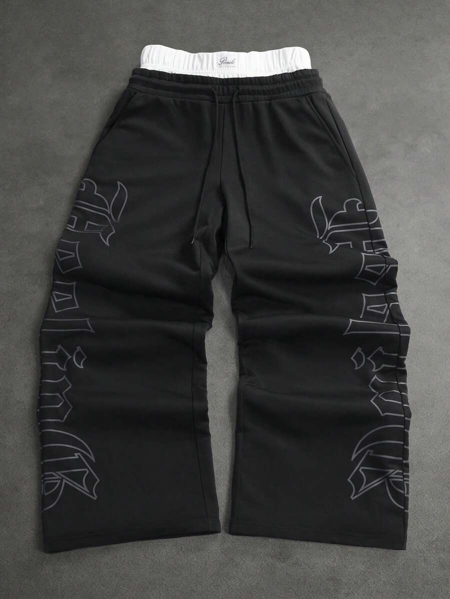 SLATEMANN Men's Letter Print Drawstring Waist Wide Leg Loose Casual Sweatpants - Black - View 1