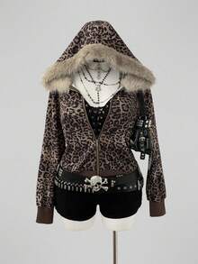 Sunspun Fashionable Leopard Print Fur Collar Slim Fit Long Sleeve Sweatshirt Winter - Brown - View 1