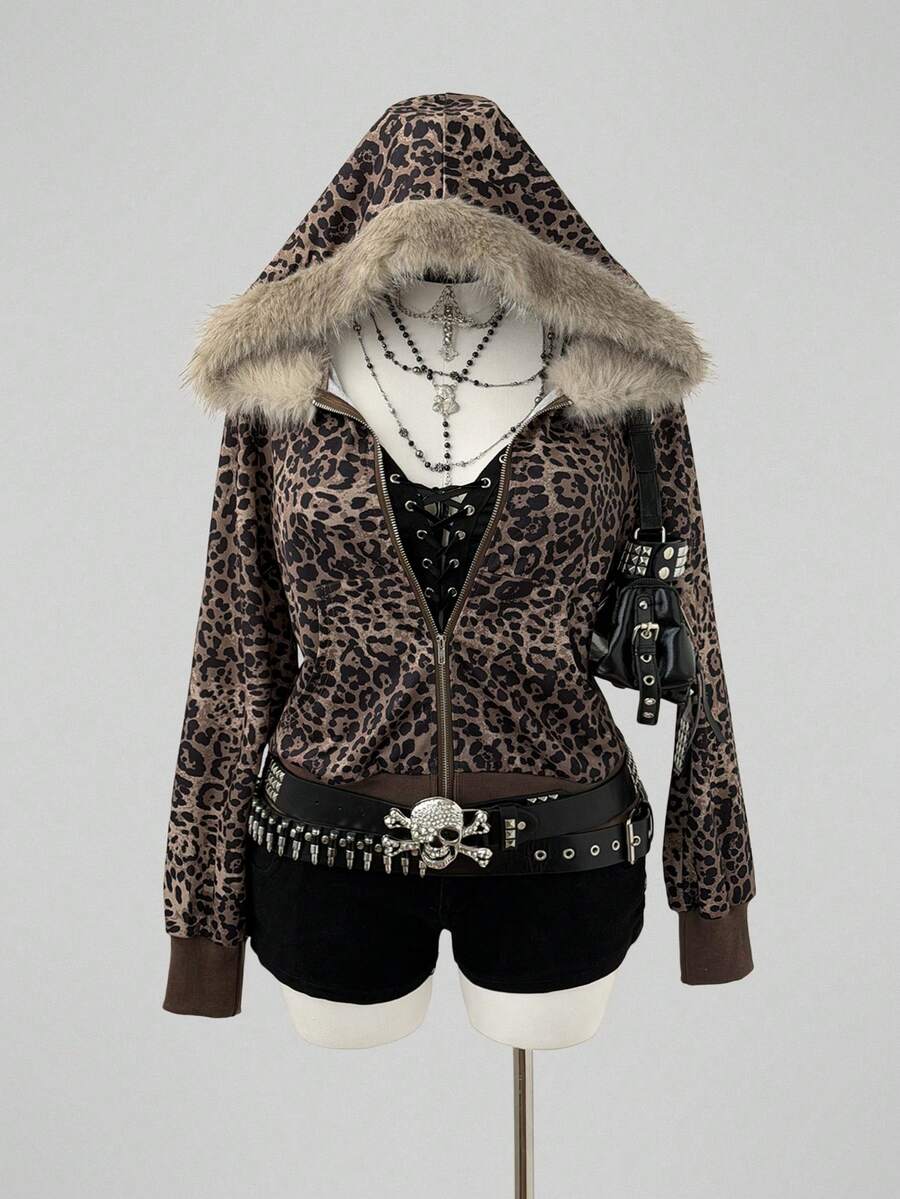 Sunspun Fashionable Leopard Print Fur Collar Slim Fit Long Sleeve Sweatshirt Winter - Brown - View 1