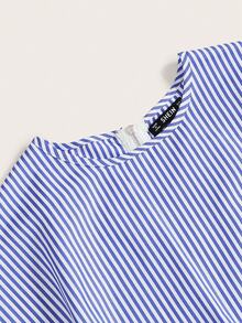 SHEIN LUNE Vertical Striped Knot Hem Zip Back Blouse,Short Sleeve Tops - Blue - View 4