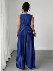 SHEIN Elenzya Women's Plus Size Colorblock Blue Pleated Jumpsuit, Suitable For City Commute Style - Blue - View 2