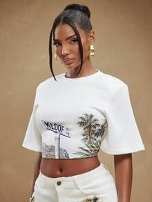 NYA SZN Damen Casual Crop Top mit Palmen-Muster, Rundhalsausschnitt und kurzen Ärmeln - Verschiedenfarbig - Übersicht 5