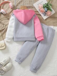 Elladie kids 女童秋冬時尚拼色拼接連帽拉鍊運動衫與戶外休閒錐形長褲兩件套 - 彩色 - 查看 2