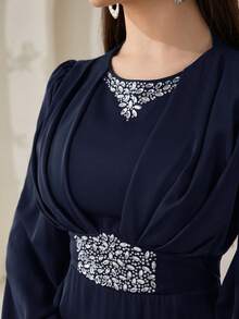 Veilorie New Luxury Elegant Heavy Embellished Rhinestone Exquisite Waist-Cinched Pleated Party Dress - Navy Blue - View 4